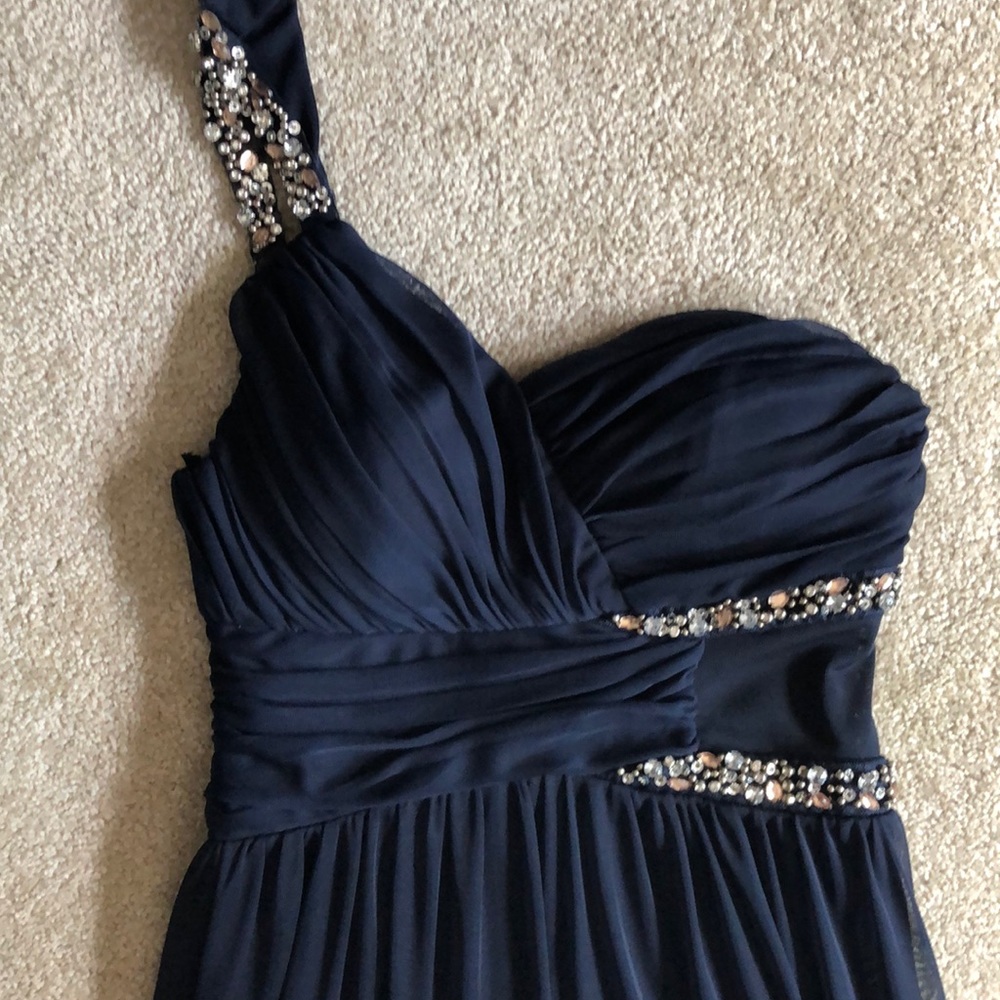 Navy One-Shoulder Beaded Formal Full-Length Dress - Picture 3 of 7